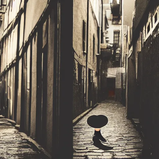 Image similar to 35mm lens photo of a floating hat in a back street, cinematic, depth of field, bokeh, atmospheric, 8k, trending on artstation