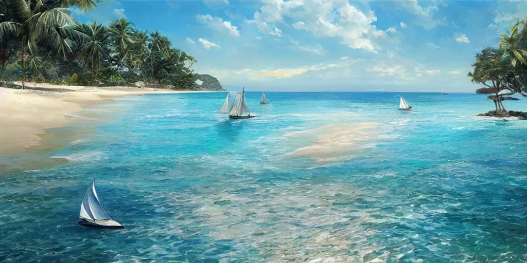 Prompt: ultra realistic illustration,, a beach in tanzania with sailboats in the distance, tropical blue water intricate from baldurs gate, elegant, highly detailed, digital painting, artstation, concept art, smooth, sharp focus, illustration, art by artgerm and greg rutkowski and alphonse mucha