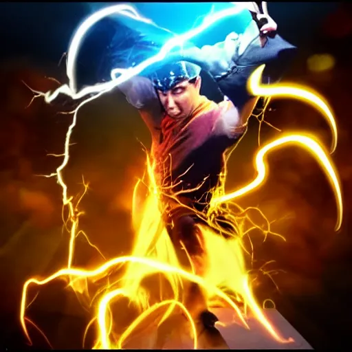 Prompt: master of magic action scene lightning fire dramatic hd