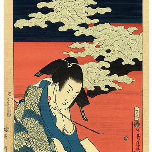 Image similar to famous ukiyo - e art by hokusai, museum piece, beautiful japanese woodblock art