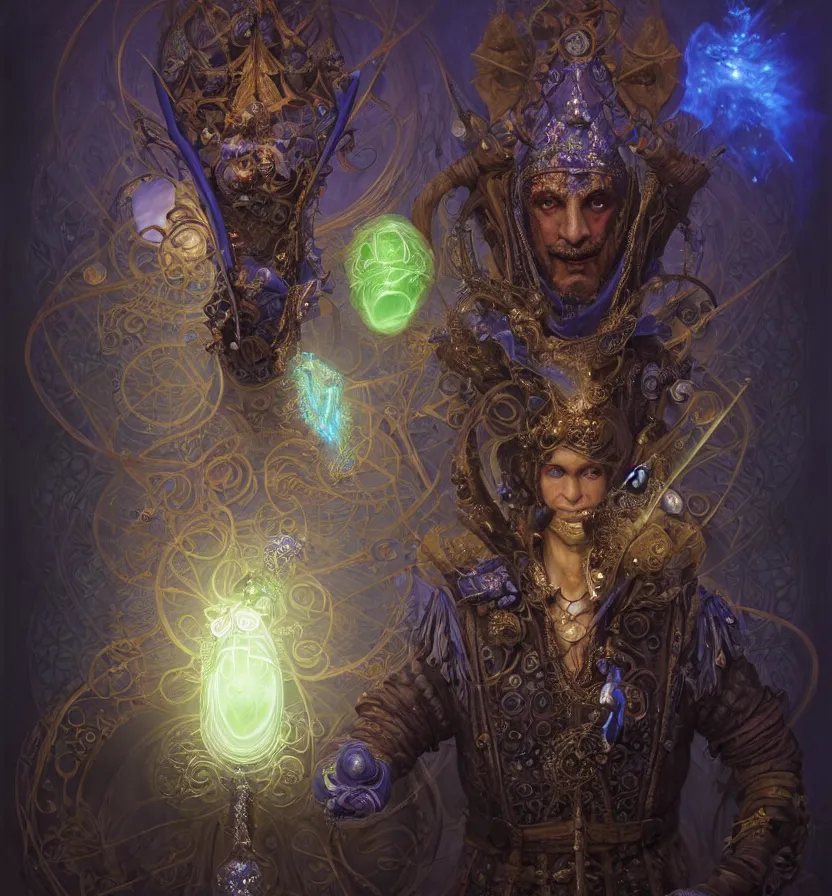 Image similar to front shot of a court jester character, hyperdimensional, bioluminescent hypercubes, dark holography!!!, (((intricate))), elegant, highly detailed, centered, (((artstation, concept art, smooth, sharp focus, artgerm, Tomasz Alen Kopera, Peter Mohrbacher, donato giancola, Joseph Christian Leyendecker, WLOP, Boris Vallejo))), mugshot!!!!!, ugly!!!!!!, octane render, nvidia raytracing demo, octane render, nvidia raytracing demo, octane render, nvidia raytracing demo, grainy, muted, 8K, digitalblasphemy, metatron