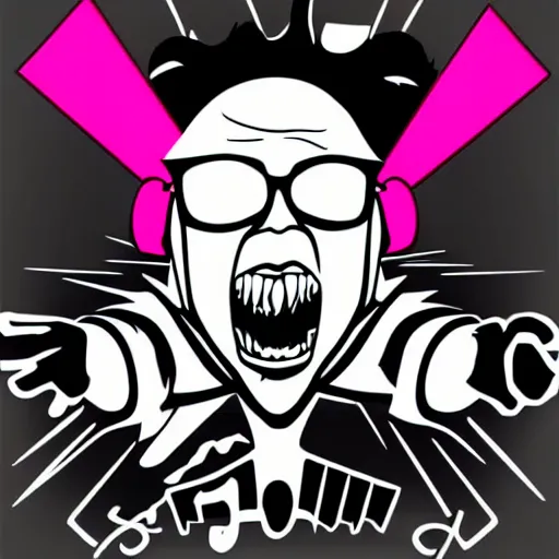 Image similar to svg vector sticker of absolutely insane-mad-scientist-villain, rocking out, wearing headphones, huge speakers, dancing, rave, DJ, spinning records, digital art, amazing composition, rule-of-thirds, award-winning, trending on artstation, featured on deviantart