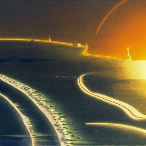 Prompt: A beach by the sea on the Sun, in the style of Chesley Bonestell, 4k, highly detailed, deviant art