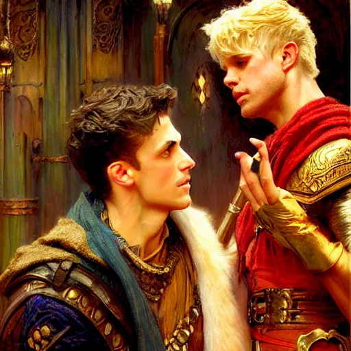 Image similar to attractive, arthur pendragon in love with attractive male, merlin the mage. highly detailed painting by gaston bussiere, craig mullins, j. c. leyendecker