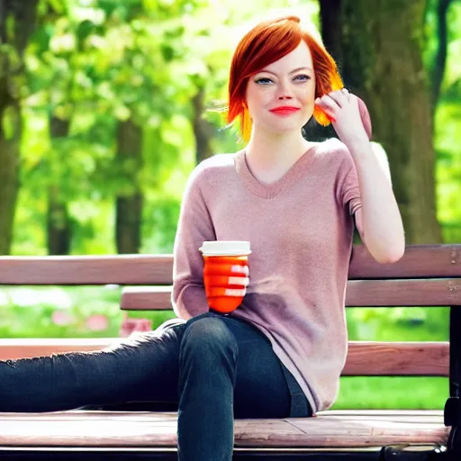 Image similar to Emma Stone sitting on a bench and drinking coffee in a park filled with trees, sharp focus, highly detailed, 4K, colorful, portrait photography, medium shot