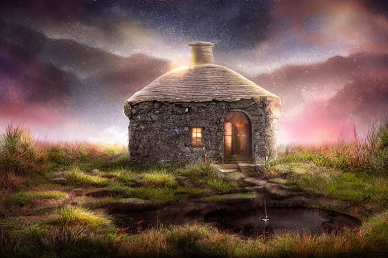 Prompt: nocturnal landscape view of an iridescent cloud coming out from a water well near an old wood cottage in a desolate wasteland full of strange vegetation. detailed, soft light, sharp focus, intricate, trending artstayion, digital art