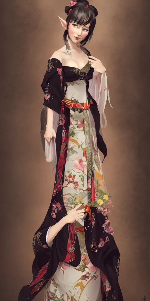 Prompt: beautiful gorgeous elf woman in dress mix of kimono and european colonial dress mediaval, ardeco, octan render, stylized in blizzard style, black hair, concept artstation, front camera view