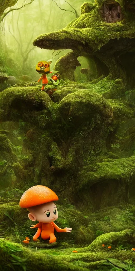 Prompt: a cute, little orange mushroom boy, surrounded by a green forrest, moody , lovecraft, giger, ridley scott, zack snyder, Fenghua Zhong, realistic cinematic lighting, establishing action shot, ultra detailed, hyper realism, photo, octane render