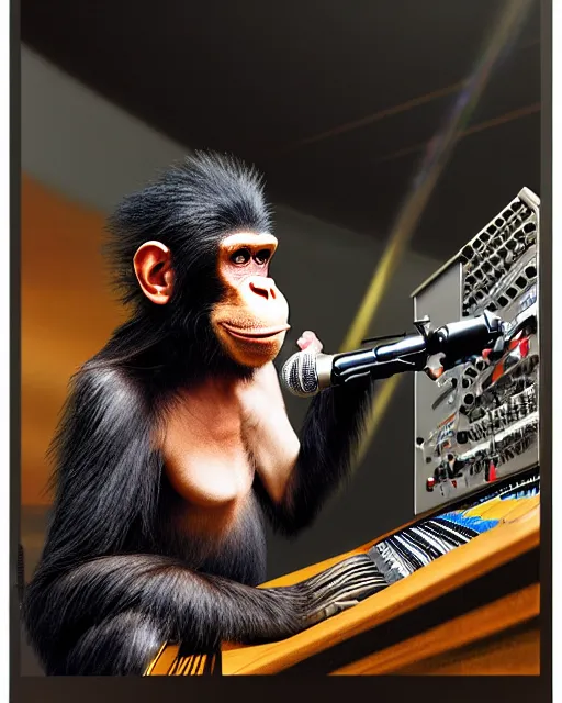 Prompt: looking over the sound board into the soundbooth a portrait of an anthropomorphic rockstar chimp singing into a microphone by sandra chevrier, by jon foster, detailed render, tape deck, epic composition, cybernetics, 4 k realistic, cryengine, realistic shaded lighting, sharp focus, masterpiece, by enki bilal