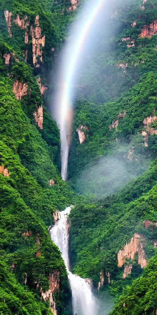 Image similar to A cloudy peak in southern China with one waterfall,in which rainbow can be seen in the middle of the waterfall. the style of National Geographic magazine