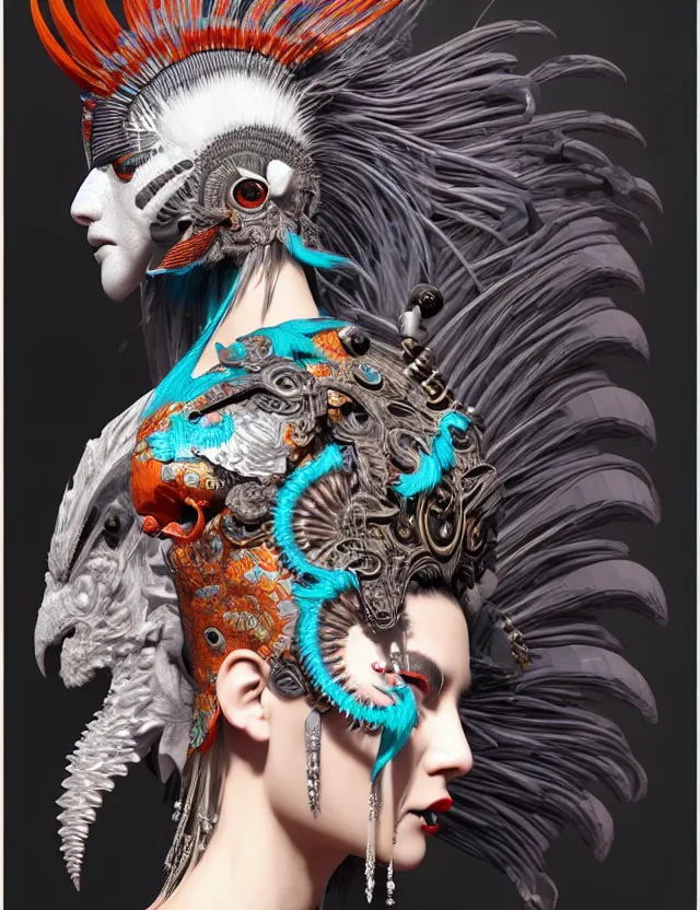 Image similar to 3 d goddess close - up profile portrait punk with mohawk with ram skull. beautiful intricately detailed japanese crow kitsune mask and clasical japanese kimono. betta fish, jellyfish phoenix, bio luminescent, plasma, ice, water, wind, creature, artwork by tooth wu and wlop and beeple and greg rutkowski