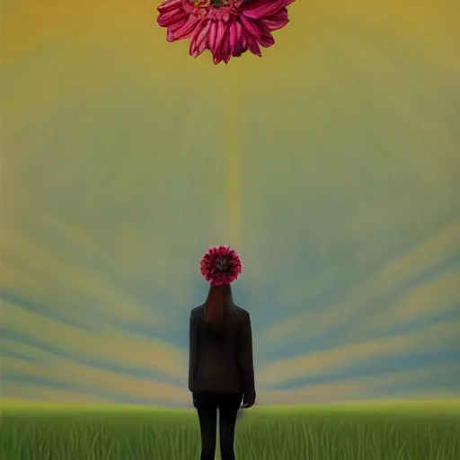 Image similar to huge flower as head, woman standing in a field, surreal, flat light, painting, digital painting, artstation, georgia o'keeffe