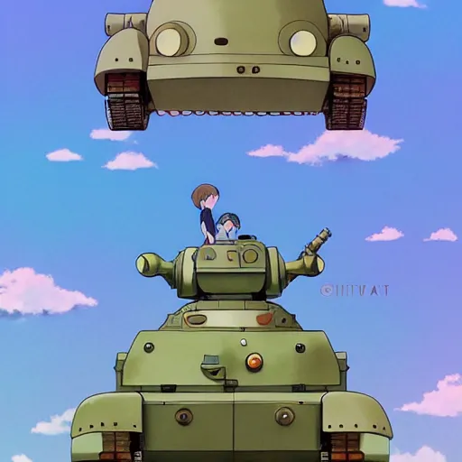 Prompt: a beautiful movie still in the style of Studio Ghibli anime showing a 3/4 view of an adorable humanoid tank mechs with tank treads. Studio Ghibli, aerial photography, wide angle lens, trending on artstation, trending on behance