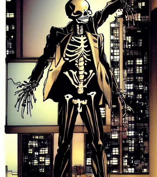 Prompt: a skeleton wearing a business suit is working in an office late in the evening, comic book art, by yoji shinkawa and takehiko inoue and kim jung gi, masterpiece, perfect