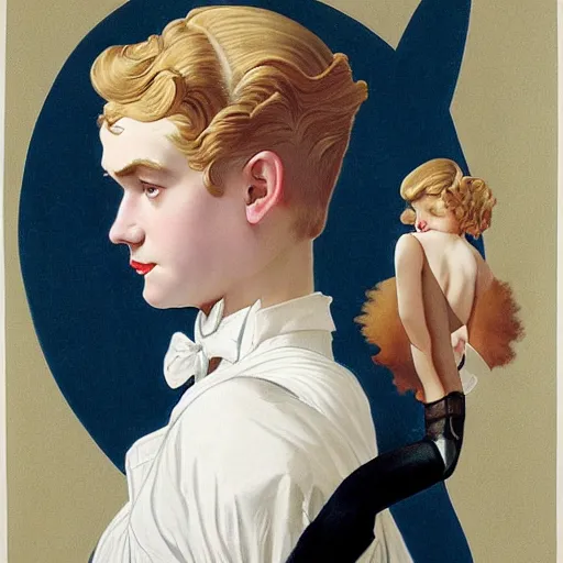Image similar to Painting of lucius as a French maid, blond drill curls, androgynous prince, pale porcelain skin, by Leyendecker and Norman Rockwell