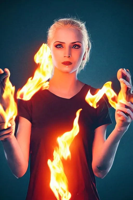 Image similar to gorgeous young blonde woman playing with flames coming out of her skin wearing a t-shirt, realistic, high definition, many details, dramatic scene, symmetrical face, realistic eyes, cyberpunk art 2077