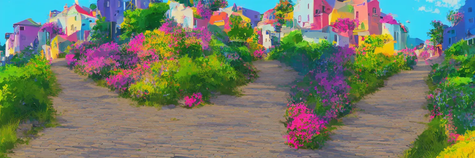 Image similar to a lonely cobblestone street with flowers on a hill with colorful houses near the beach and the sea, brightly illuminated by rays of sun, artstation, colorful sylvain sarrailh illustration, multiple point perspective