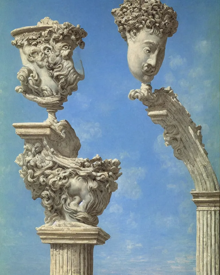 Prompt: achingly beautiful painting of intricate ancient roman corinthian capital on a baby blue background by rene magritte, monet, and turner. giovanni battista piranesi.