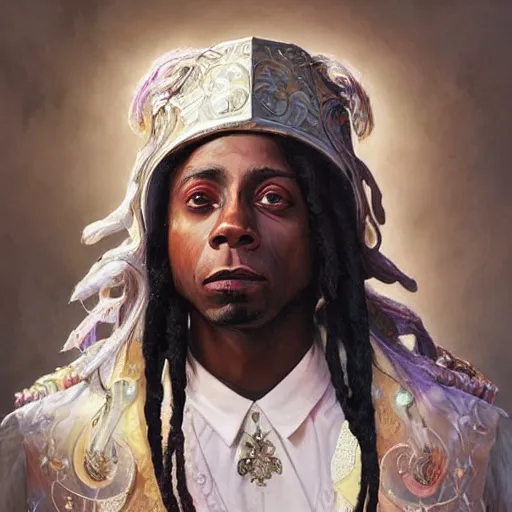 Prompt: portrait painting of Lil Wayne wearing biblical heavenly robes, fantasy, intricate, highly detailed, digital painting, artstation, concept art, smooth, sharp focus, illustration, art by artgerm and greg rutkowski and alphonse mucha