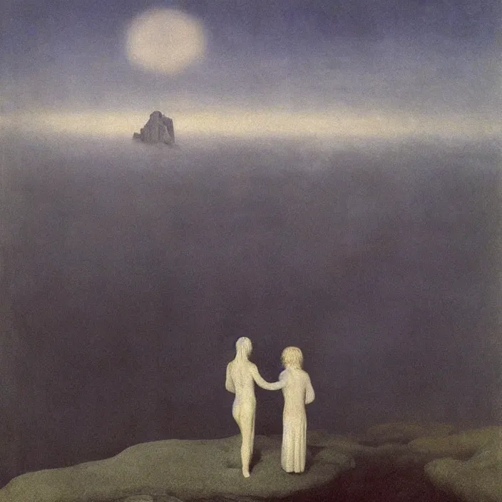 Prompt: shy mountain summit taking a peek through the clouds, fog, with curious eyes. floating spirit in transparent nightgown. painting by caspar david friedrich, yves tanguy, jean delville, rene magritte, max ernst, monet