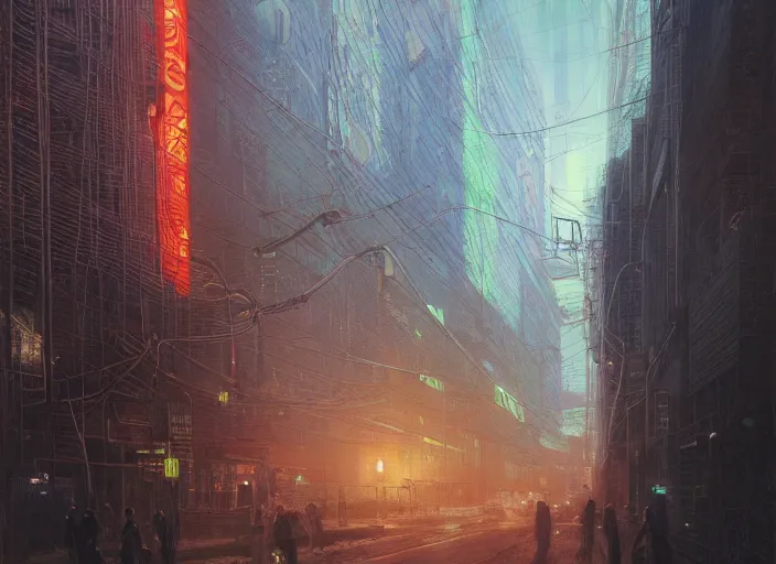 Image similar to city, neon, RGB, glowing wires everywhere, by Edgar Maxence and Ross Tran, Zdzisław Beksiński, and Michael Whelan, distant, gustav dore, H.R. Giger, 8k, octane render