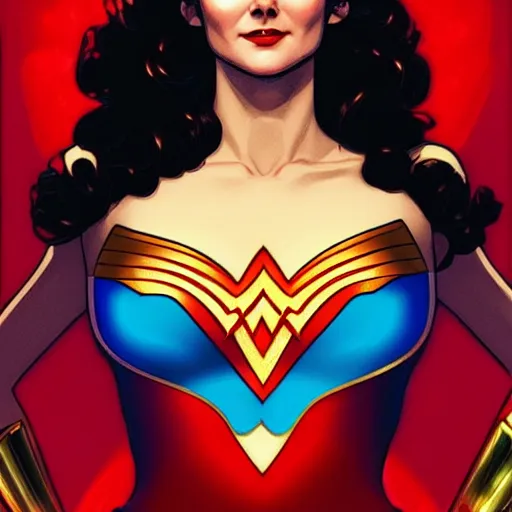 Image similar to a young lynda carter as wonder woman, volumetric lights, red and cyan theme, art nouveau botanicals, intricate, highly detailed, digital painting, artstation, concept art, smooth, sharp focus, cinematic, illustration, beautiful face, art by artgerm and greg rutkowski and alphonse mucha