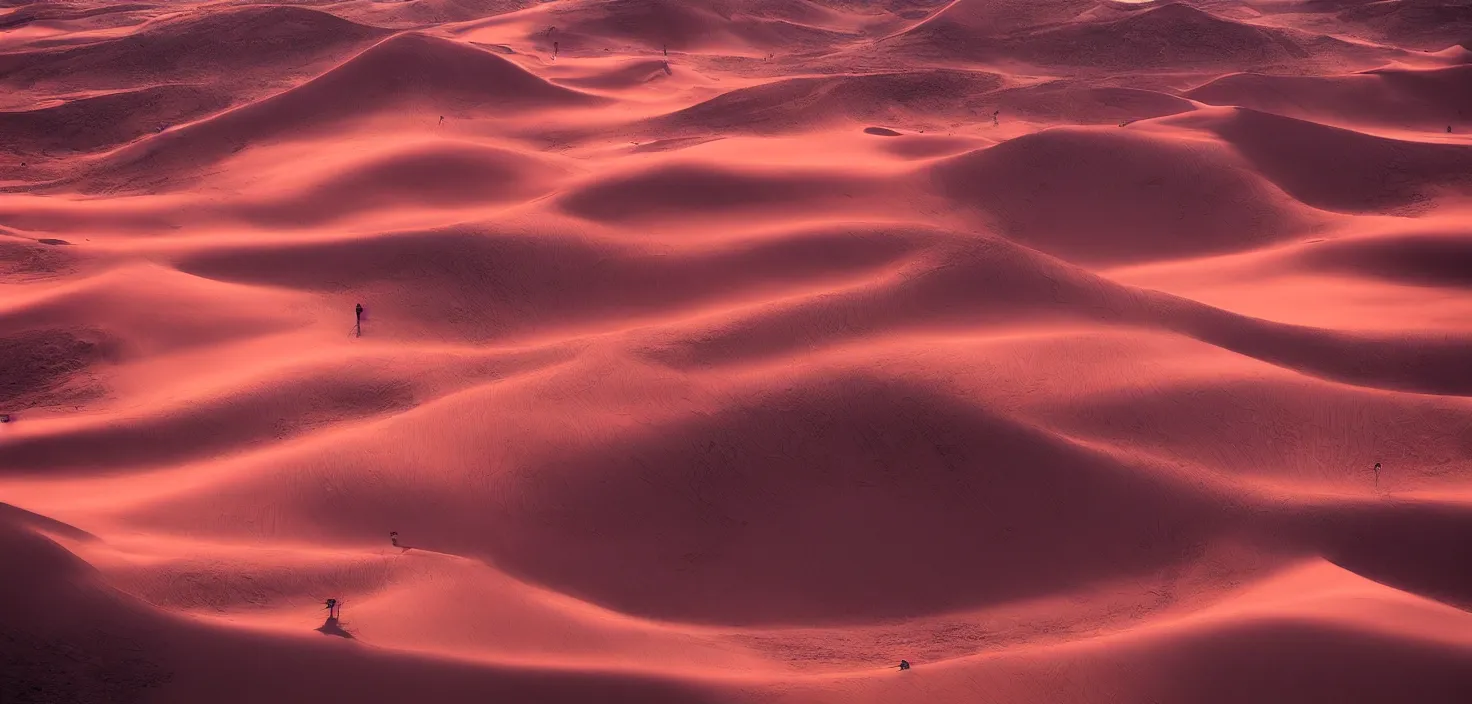 Image similar to amazing landscape photo of desert dunes in sunset by max rive, pink color palette, beautiful dramatic lighting