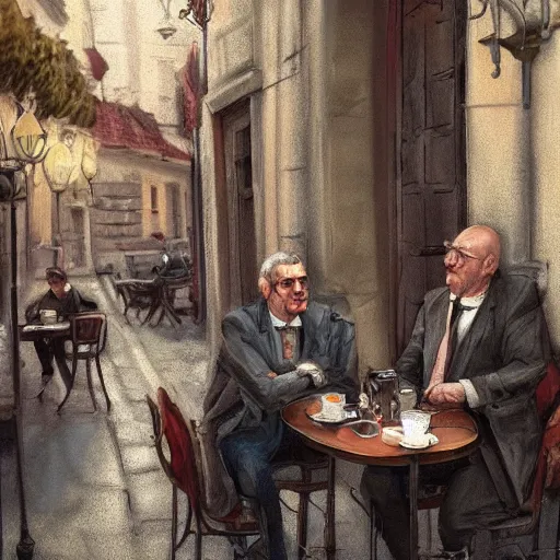 Prompt: two men talking, old café, belgrade bohemian street, old town, intricate, elegant, highly detailed, digital painting, artstation, concept art, matte sharp focus, illustration