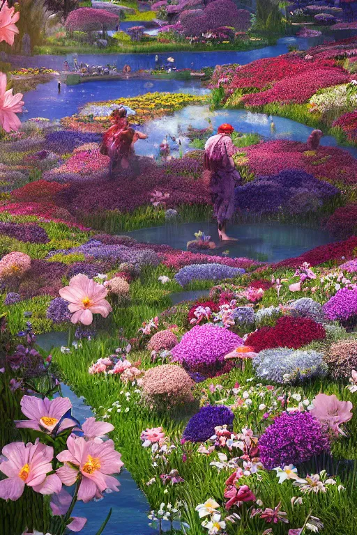 Image similar to a florist arranging a festival on a lake of flowers by dominik mayer and scott fischer, digital art, highly detailed, wide shot, intricate, fantasy, mystical, sharp focus, Trending on Artstation HQ, deviantart, unreal engine 5, 4K UHD image