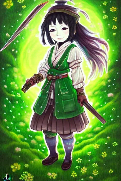 Prompt: a portrait of japanese girl farmer wearing green dress, magic potion, magic flower background, fantasy, dungeons and dragons, an ultrafine detailed painting, chibi, detailed painting, boris valejo. octopath traveler decal!!!