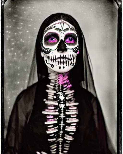 Image similar to tintype religious veil woman in dia de muertos dress and makeup high quality photo, microchip, artificial intelligence, bio - mechanical bio - luminescence, black wired cables, neurons, nerve cells, cinematic, rim light, photo - realistic, high detail, 8 k, masterpiece, high fashion, in the style of steven meisel dora maar h. r. giger