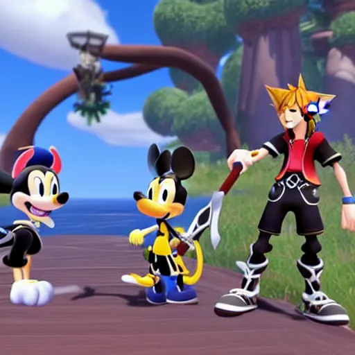 Image similar to A leaked image of a Warrior cats world in Kingdom Hearts 4, Kingdom hearts worlds, Sora donald and Goofy exploring the world of Warrior cats, action rpg Video game, Sora wielding a keyblade, Sora as a cat, cartoony shaders, rtx on, Erin hunter, Warrior cats book series