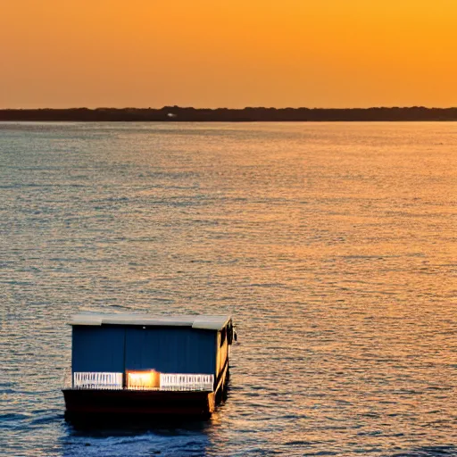 Image similar to a photo of a house boat on the water, sunset