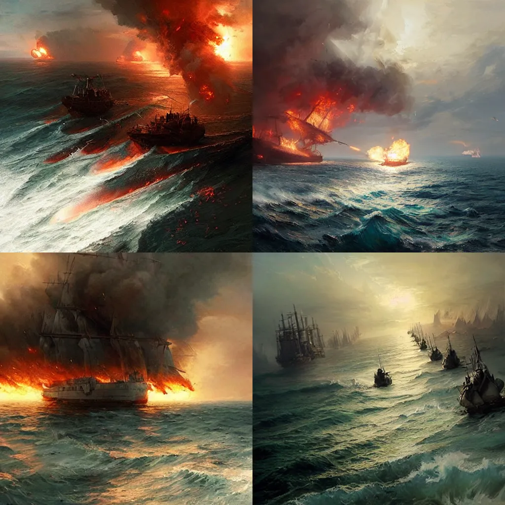 Prompt: A sea battle, burning ocean, fantasy art, art by greg rutkowski, highly detailed. @kev1n27