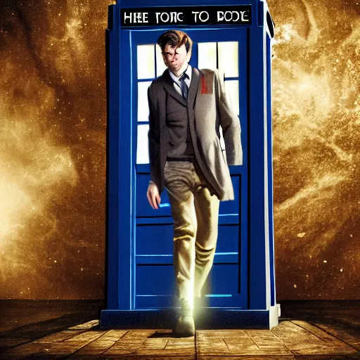 Image similar to An illustration of The Tenth Doctor stepping out of the Tardis, high definition, 4k, sharp focus