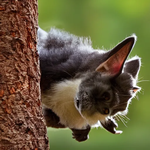 Image similar to a bat kitten, in a tree, Canon EOS R3, telephoto, very detailed, 4k