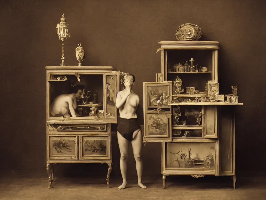 Prompt: old photography of pikachu in a victorian cabinet decor, man ray, alfred ghisoland, gregory crewdson, miss aniela, erwin olaf, 4 k