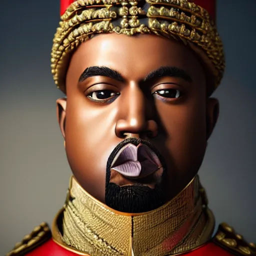 Image similar to Portrait of Kanye West dressed as emperor napoleon, splash art, cinematic lighting, dramatic, octane render, long lens, shallow depth of field, bokeh, anamorphic lens flare, 8k, hyper detailed, 35mm film grain