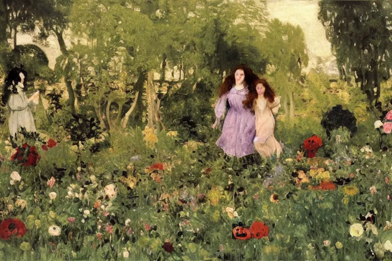 Prompt: hagrid and morticia addams frolicking in a field of various flowers, fairy garden, masterpiece, highly detailed, oil on canvas, art by walter sickert, john singer sargent, and william open