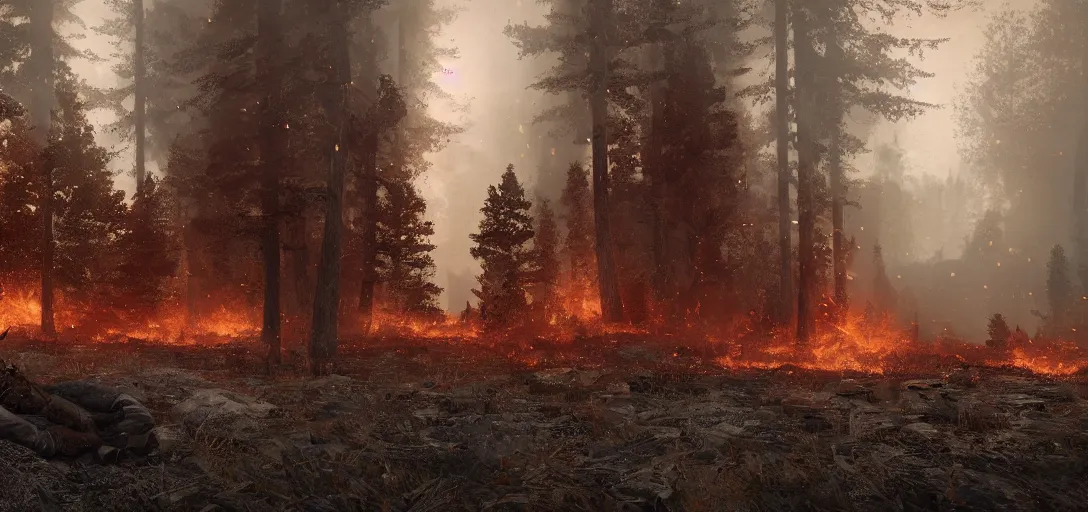 Prompt: hyperrealistic beautiful cinematic cyborg time traveler, forest fire, snowing, stunning 3 d render inspired by istvan sandorfi & greg rutkowski, perfect symmetry, dim volumetric cinematic lighting, 8 k octane comprehensive render, extremely mega hyper - detailed and lifelike attributes & atmosphere, intricate, realistic flesh texture, masterpiece, artstation, stunning,