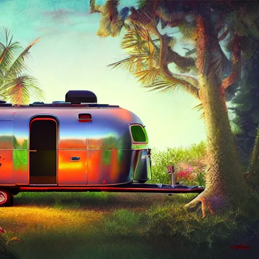 Prompt: tiki style airstream treehouse home, fine art, digital painting, atmospheric lighting, hyperdetailed, photorealistic, 8k, high resolution, velvia, velvety, vibrant colors, insanely detailed and intricate, ray tracing, award winning, featured in artstation, octane render