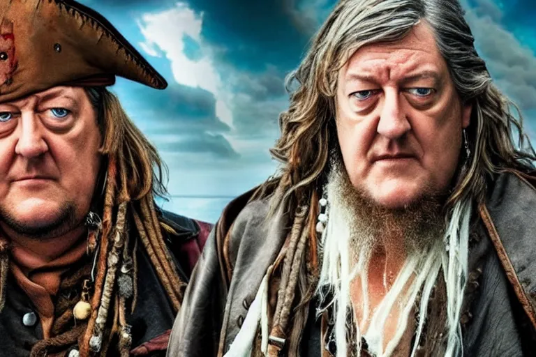 Prompt: promotional image of stephen fry as a gritty pirate captain in the new Pirate of the Carribean movie, dark stormy weather, detailed face, movie still frame, promotional image, imax 70 mm footage