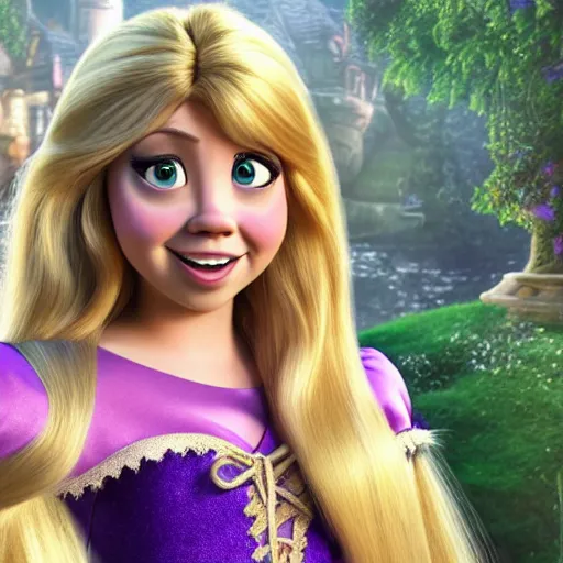 Image similar to Jennette McCurdy as Rapunzel in disney tangled live action, 8k full HD photo, cinematic lighting, anatomically correct, oscar award winning, action filled, correct eye placement,