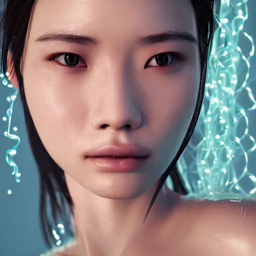 Prompt: intricate highly detailed face portrait of asian - european woman, light mint transparent water vines on her face, intricate, cgsociety, unreal engine, octane render, sharp focus, smooth, volumetric lighting, cinematic composition, artstation c 1 0. 0