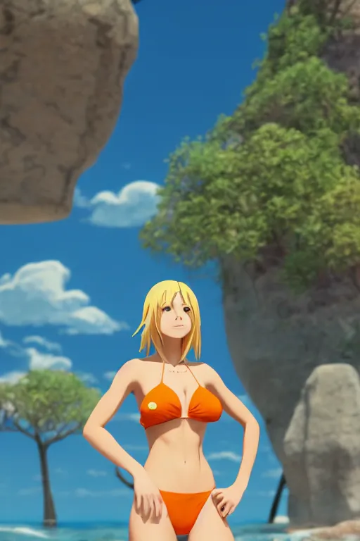 Image similar to beautiful blond woman in orange tribal bikini, blond hair pulled back, by makoto shinkai, 8 k, high resolution render, cinematic, unreal engine, clean lineart and flat color,