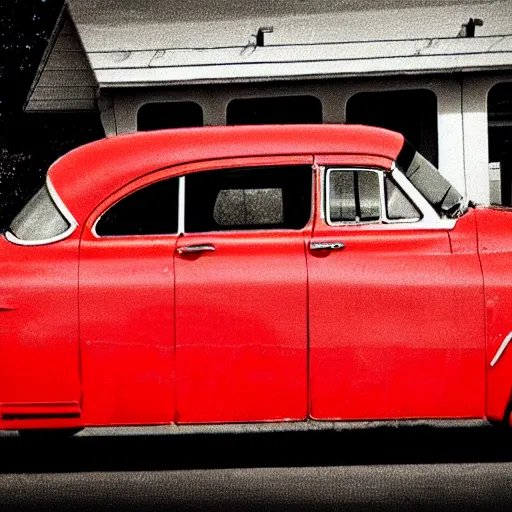 Image similar to stylized photo of a red car at a gas station in 1956