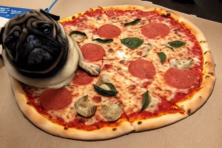 Prompt: a pizza that looks like a pug