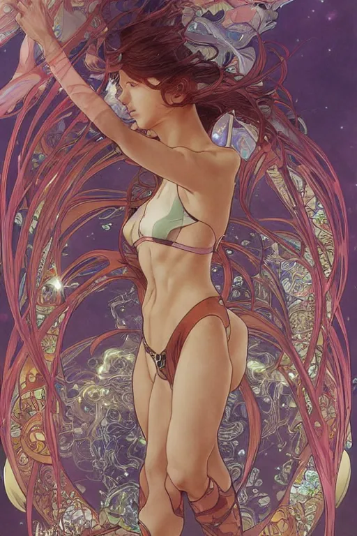 Image similar to swimming through time, by artgerm and yoshitaka amano and moebius and alphonse mucha, hyperdetailed, glamour, surreal, abomination, dc comics, ornate, nebula, explosions in the sky, trending on artstation