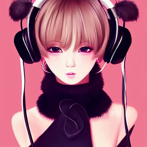 Image similar to realistic beautiful gorgeous natural cute Blackpink Lalisa Manoban black hair cute fur black cat ears, wearing white camisole, headphones, black leather choker artwork drawn full HD 4K highest quality in artstyle by professional artists WLOP, Taejune Kim, Guweiz on Pixiv Artstation