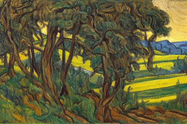 Image similar to masterpiece painting of oak trees on a hillside overlooking a creek, dramatic lighting, by j. e. h. macdonald